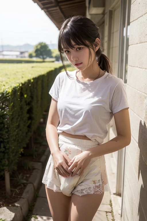 (masterpiece), high school girl,, After, floral lace diaper, Natural light, realistic, camel toe, diffused light, Depth of the bounds written, white skirt, vapor, (lift skirt), (urination), lively