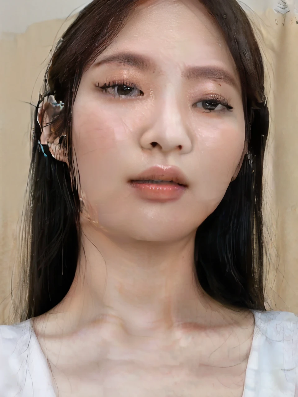 um close up de uma mulher com cabelos longos usando um top branco, maquiagem coreana popular, linda mulher sul-coreana, young lovely korean face, maquiagem sul-coreana popular, jaeyeon nam, Korean facial features, beautiful aesthetic face, korean symmetrical face, lindo rosto delicado, linda jovem coreana, lindo rosto delicado, linda jovem coreana, adorable and pale korean face