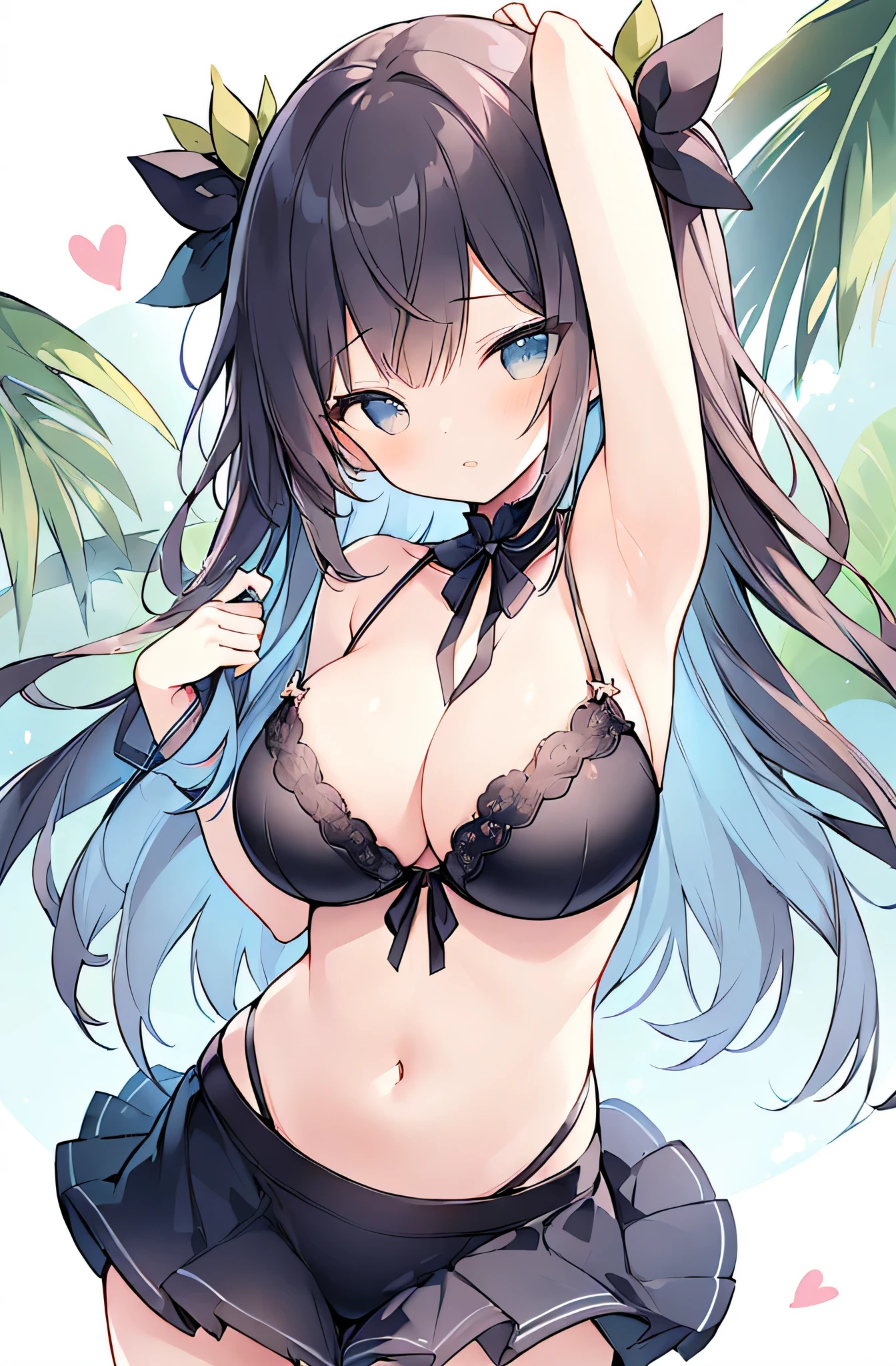 ((huge breasts、huge breasts)), beautiful breasts、(big breasts),Super detailed、#3b4195 background、beautiful flower、berry、Fern、leaf、Watercolor pattern in calm colors、(watercolor texture)、(1 girl)、long hair、cute、 short, petite, pretty woman, 、 super detailed face、fine eyes, smooth skin,(((summer clothes、Navel exposure、good、Pose that shows off your armpits)))