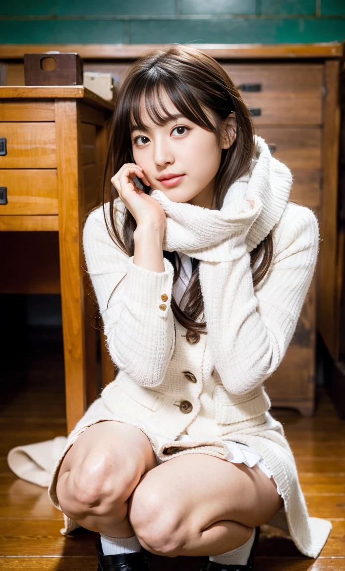 Ulzan-6500-v1.1, (raw photos:1.2), (photorealistic:1.4), beautiful detailed girl, very detailedな目と顔, beautiful detailed eyes, Looks ridiculous, unbelievable Looks ridiculous, huge file size, Super detailed, High resolution, very detailed, highest quality, masterpiece, Kemonomimi, ((Bury your face in a white scarf)), (((Japanese high school girl uniform))), An illustration, very detailed, ticker, Unite, 8k wallpaper, amazing, fine details, masterpiece, highest quality, Hvery detailed ticker uniform 8K wallpaper, face light、movie lighting、1 girl、16 years old、(no panties)、((dynamic pose)))、(camel toe)、(half)、(Crooked knees and legs sitting))