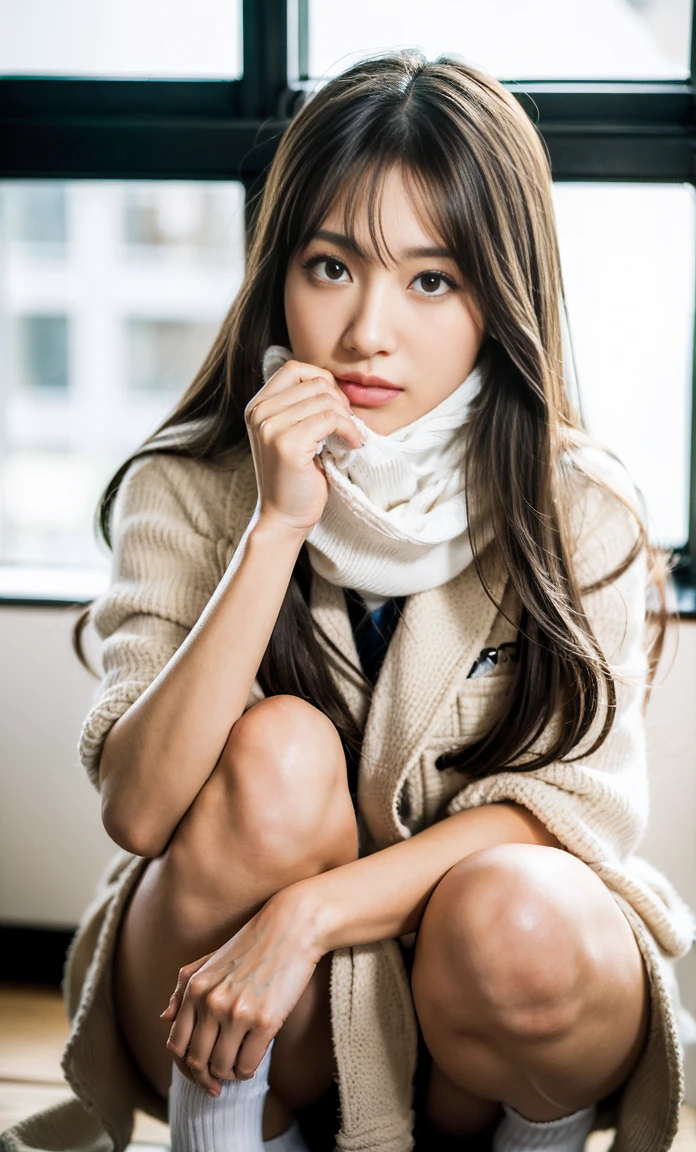 Ulzan-6500-v1.1, (raw photos:1.2), (photorealistic:1.4), beautiful detailed girl, very detailedな目と顔, beautiful detailed eyes, Looks ridiculous, unbelievable Looks ridiculous, huge file size, Super detailed, High resolution, very detailed, highest quality, masterpiece, Kemonomimi, ((Bury your face in a white scarf)), (((Japanese high school girl uniform))), An illustration, very detailed, ticker, Unite, 8k wallpaper, amazing, fine details, masterpiece, highest quality, Hvery detailed ticker uniform 8K wallpaper, face light、movie lighting、1 girl、16 years old、(no panties)、((dynamic pose)))、(camel toe)、(half)、(Crooked knees and legs sitting))