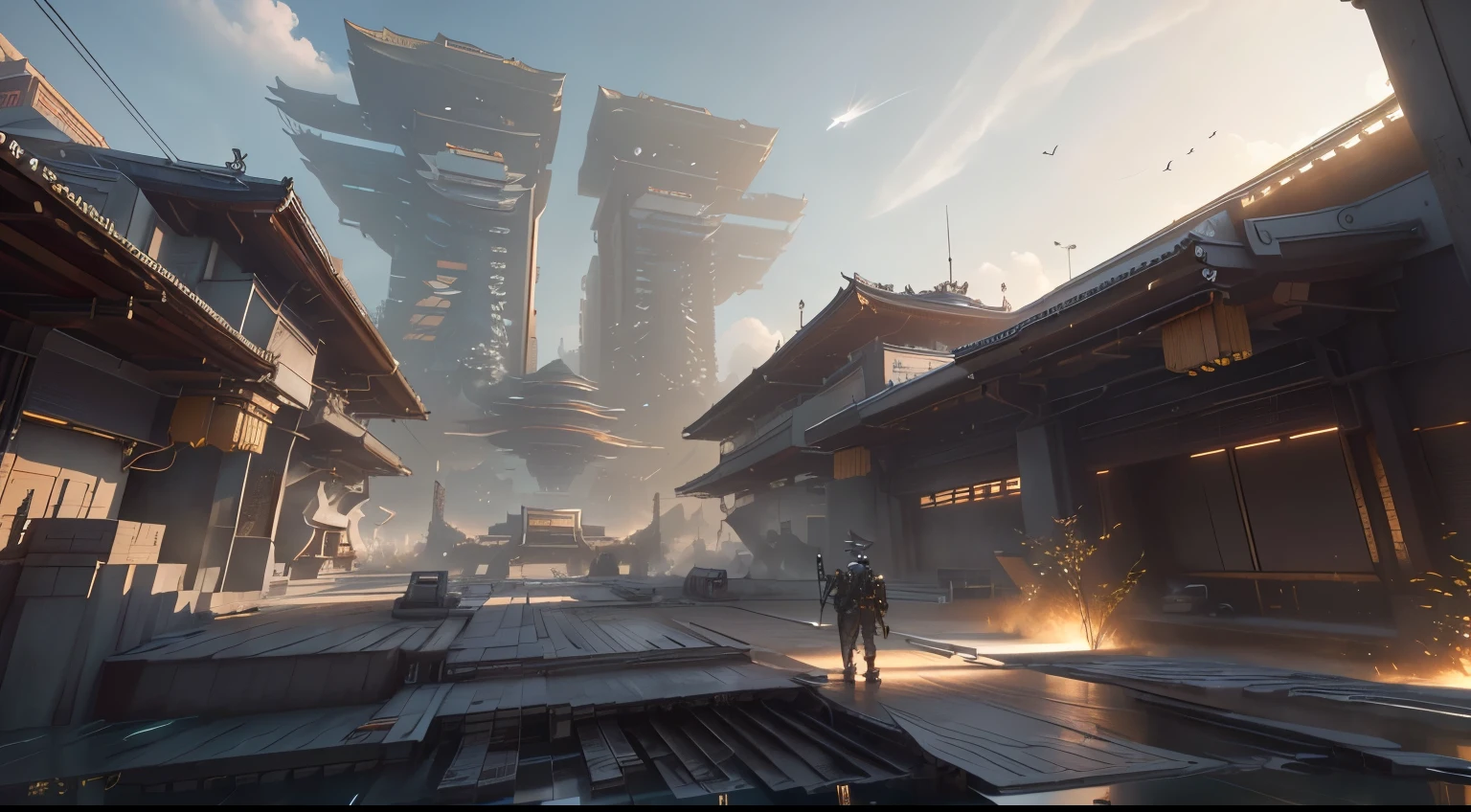 Oriental science fiction,平行时空的中国future城市,Super Chinese style roof,Sci-fi spliced wall,Science fiction complex,future,from《Cyberpunk 2077》oriental architecture,There are complex mechanical structures on the building,Industrial feel,warm sunlight,Nice skybox,A large number of metal decorative elements on the wall,地面是Industrial feel的金属拼接,Highly detailed fantasy art,Beautiful 3D concept art,Unreal 5 rendering,Ray tracing rendering,game concept art,Art station trends,CG dynamics,Super detailed concept art,Unreal Engine 5 rendering details、Unreal Engine 5 environment,- Super wide angle,-looking up