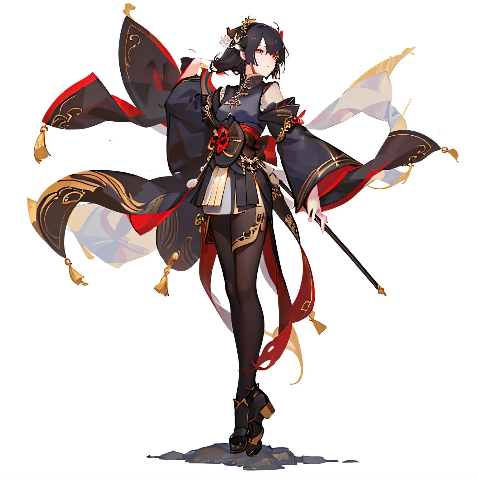 Anime character wearing black and gold，There are brown clouds on the back, Inspired by Hoichi Sakai, full body xianxia, full body illustration, inspired by Gao Qipei, Inspired by Ren Xiong, Inspired by Li Meihu, Inspired by Luo Mu, Inspired by Zhou Fang, Anime woman full body art，girl black hair