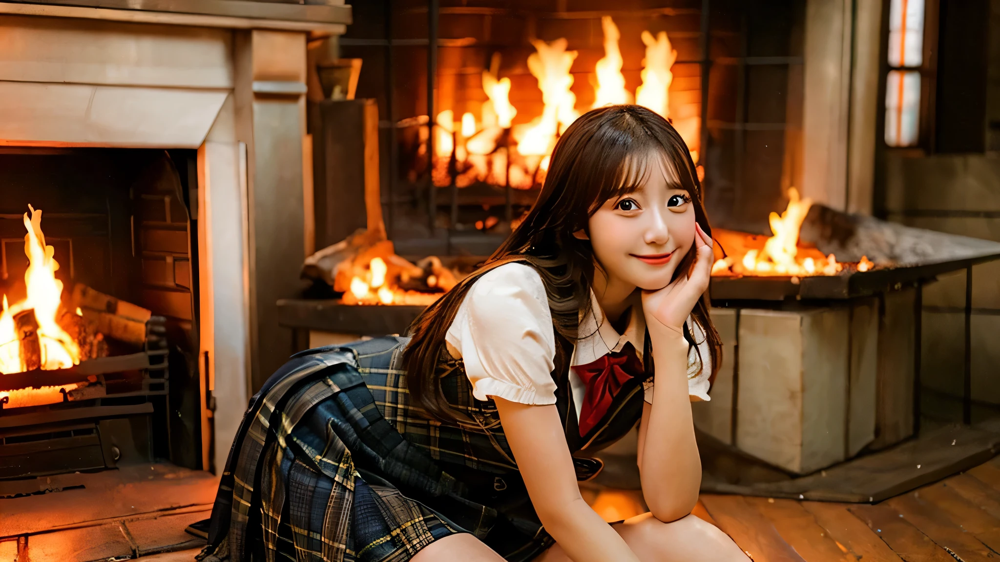 Cute miniskirt high school girl 18 years old、the fire in the fireplace is burning