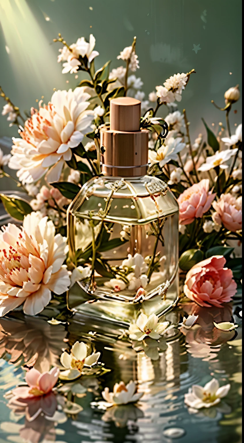 Create a refreshing photo, Capturing the Essence of Peony Ingredient Cream。The stage features a fresh, soft green background and soft diffused lighting, Creates a sense of freshness and sweetness。Place a beautifully designed face cream bottle prominently in your frame, Decorated with delicate petals, Capture the moment when the scent envelopes the entire scene, Create an atmosphere of elegance and indulgence, 8k, highres