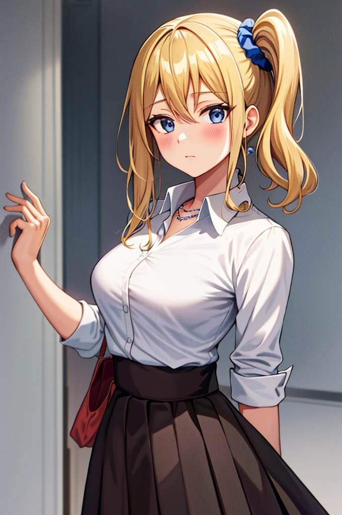 masterpiece, best quality, AiHayasakaV4, 1girl, solo, breasts, looking at viewer, blush, bangs, blue eyes, blonde hair,  background, shirt, hair ornament, white background, hair between eyes, jewelry, closed mouth, school uniform, white shirt, upper body, collared shirt, necklace, side ponytail, scrunchie, hair scrunchie, blue nails, blue scrunchie, shuuchiin academy school uniform