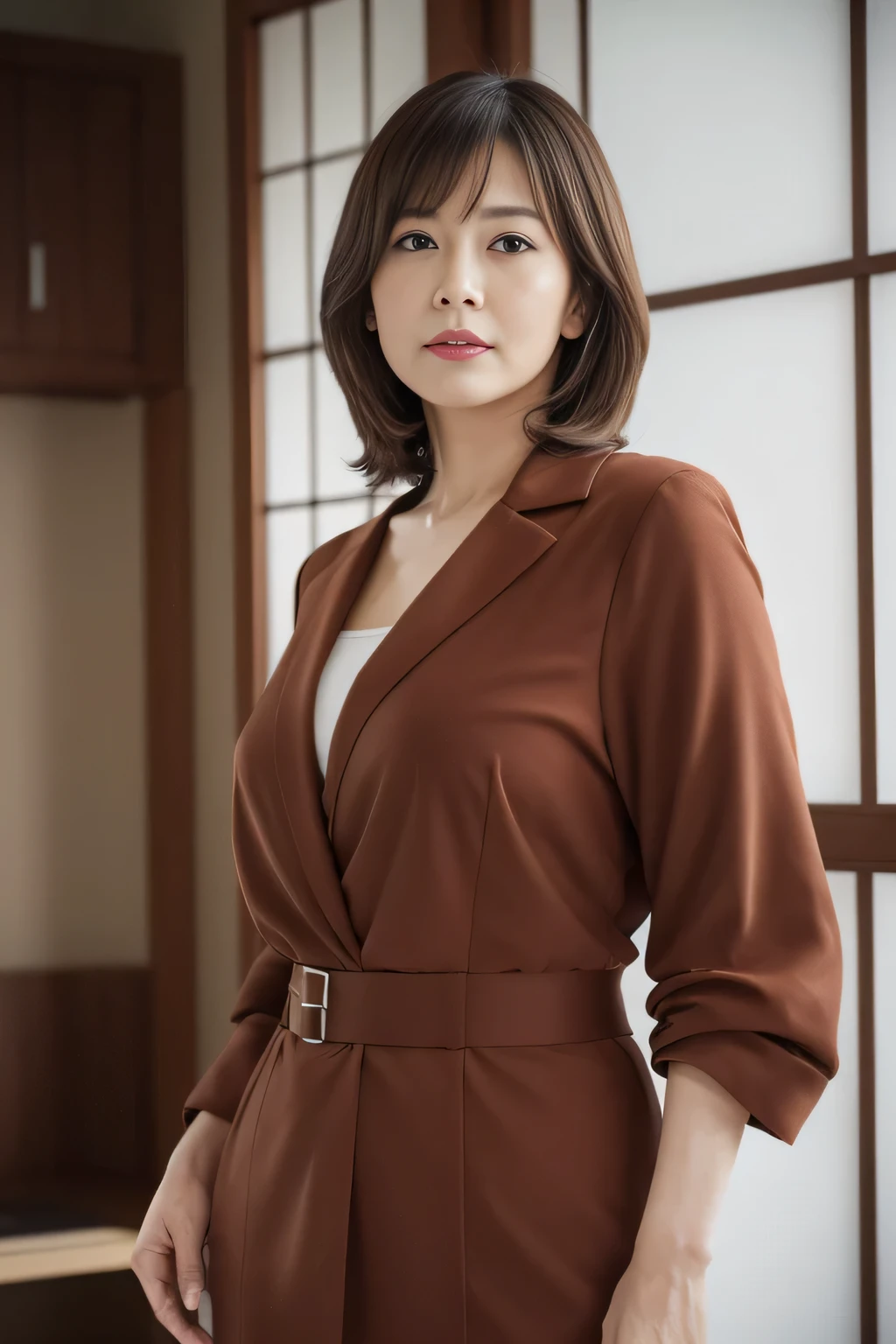 master piece、highest quality、master piece、High resolution、Photoreal、Raw photo、8k wallpaper、perfection、professional lighting、very detailed、Depth of the bounds written、bland background、((Japanese mature woman in her 30s))、chubby figure、women sexy、detailed face、beautiful eyes、bangs、big and full breasts、Straight light brown hair that reaches to the shoulders、faint lips、((stand facing the center of the screen、look at the viewer、serious face))、business wear、legs protrude from the frame、stare at the viewer、cowboy shot