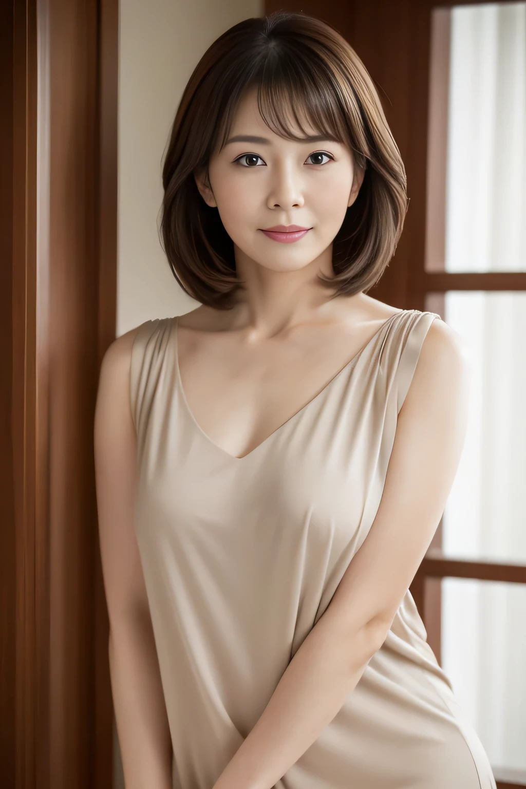 master piece、highest quality、master piece、High resolution、Photoreal、Raw photo、8k wallpaper、perfection、professional lighting、very detailed、Depth of the bounds written、bland background、((Japanese mature woman in her 30s))、chubby figure、women sexy、detailed face、beautiful eyes、bangs、big and full breasts、Straight light brown hair that reaches to the shoulders、faint lips、((stand facing the center of the screen、look at the viewer、serious face))、business wear、legs protrude from the frame、stare at the viewer、cowboy shot