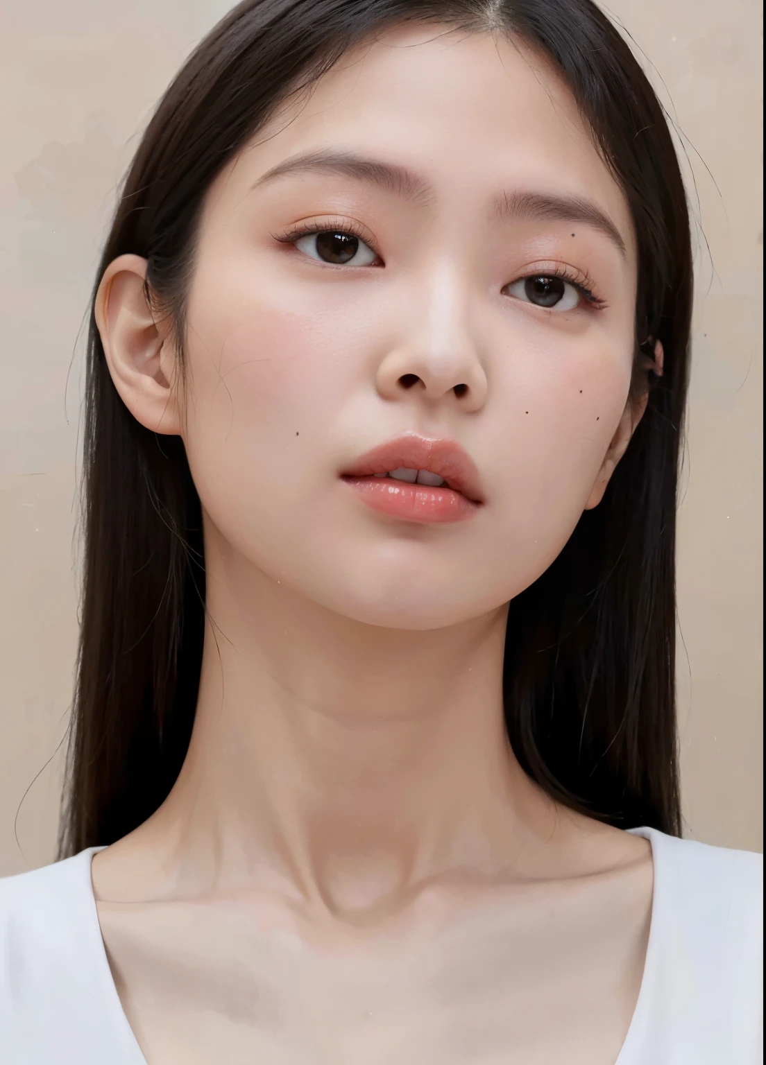 um close up de uma mulher com cabelos longos usando um top branco, maquiagem coreana popular, linda mulher sul-coreana, young lovely korean face, maquiagem sul-coreana popular, jaeyeon nam, Korean facial features, beautiful aesthetic face, korean symmetrical face, lindo rosto delicado, linda jovem coreana, lindo rosto delicado, adorable and pale korean face, linda jovem coreana