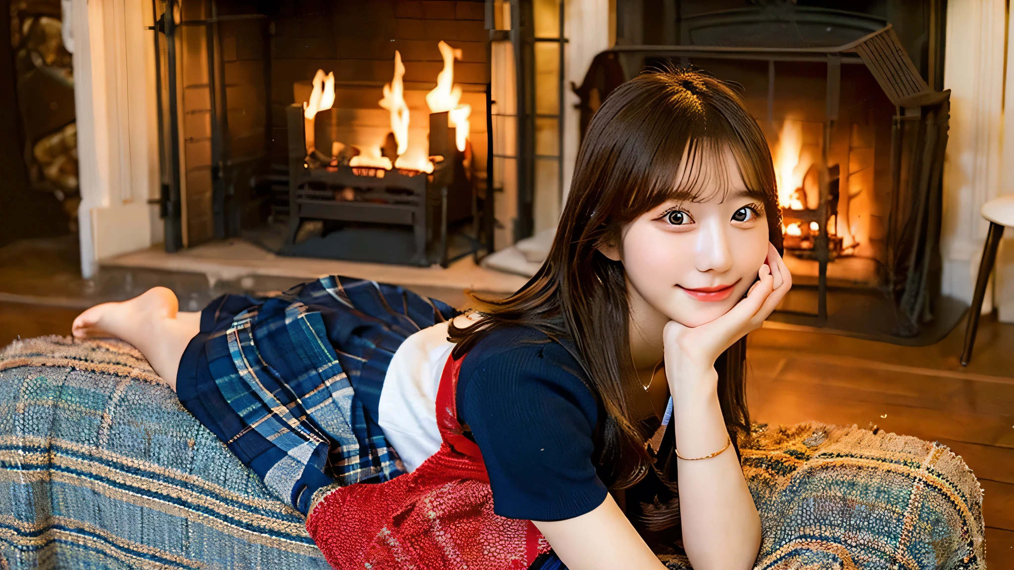 Cute miniskirt high school girl 18 years old、the fire in the fireplace is burning