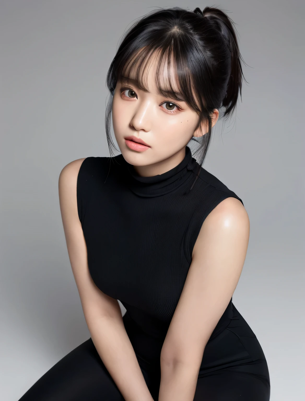best quality, jjennie face shape, super high resolution, supermodel, (realism: 1 girl.8), RAW photo, 1 girl a girl, bare shoulders, wearing black vest, looking at the camera head-on, ID photo, sexy, black background, in the dark, deep shadow, understated, cold light