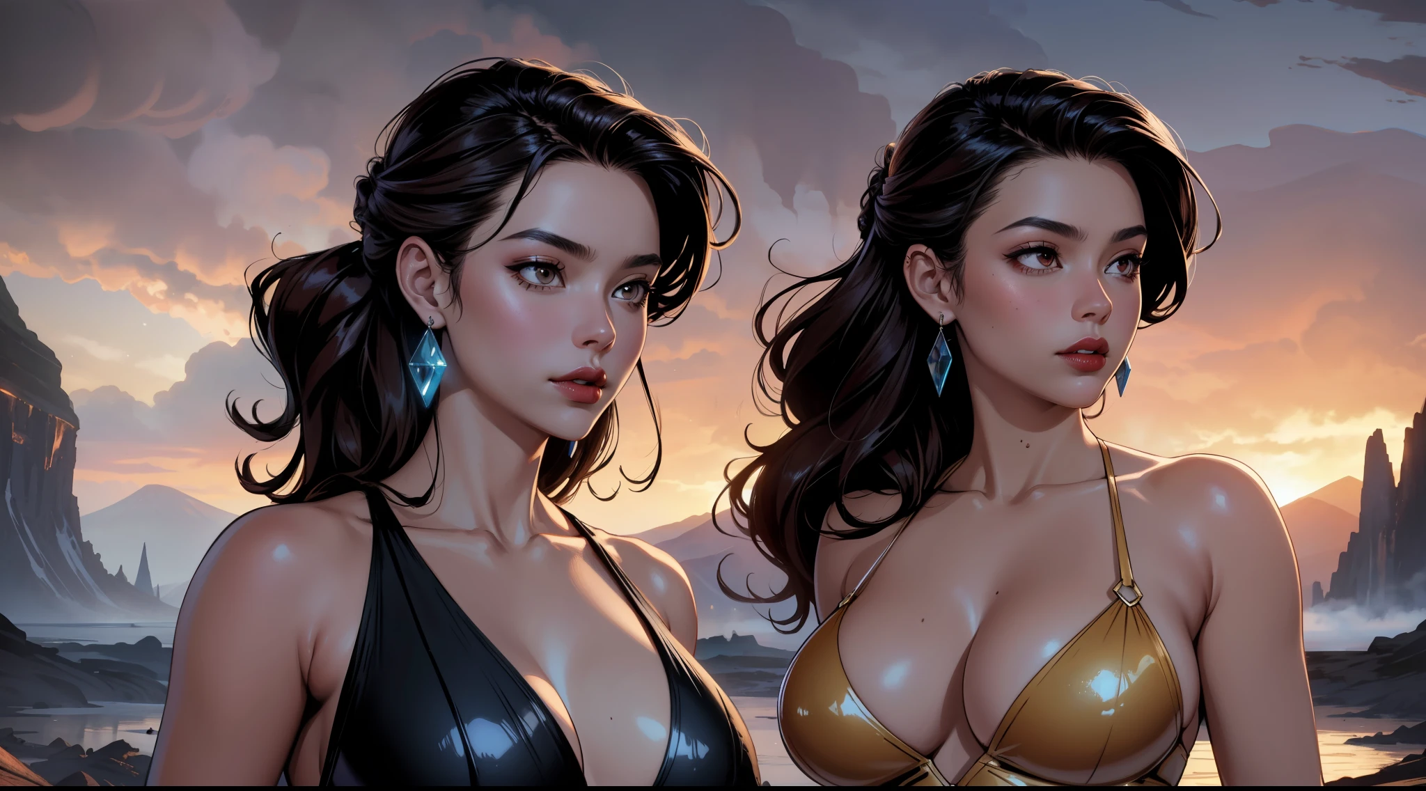 ((masterpiece), best quality, high quality, professional quality, highly detailed, highres, perfect lighting, natural lighting), style of joe maduereira,comics style,dskyart1, Being compressed or expanded, one-piece swimsuit, Heiress, Short, Thin, Triangular Face, Fair Skin, Dark Brown Hair, Amber Eyes, Narrow Nose, Full Lips, Prominent Chin, Shoulder-Length Hair, Wavy Hair, Formal Updo, asymmetrical breasts, Dangle earrings, lavender stain lipstick, Dripping liquid cascades, Misty river valley,visionary, cutting-edge laboratory, A volcanic planet with constant eruptions and rivers of lava, providing abundant geothermal energy for its inhabitants., Post-Apocalyptic Wasteland, vampire
