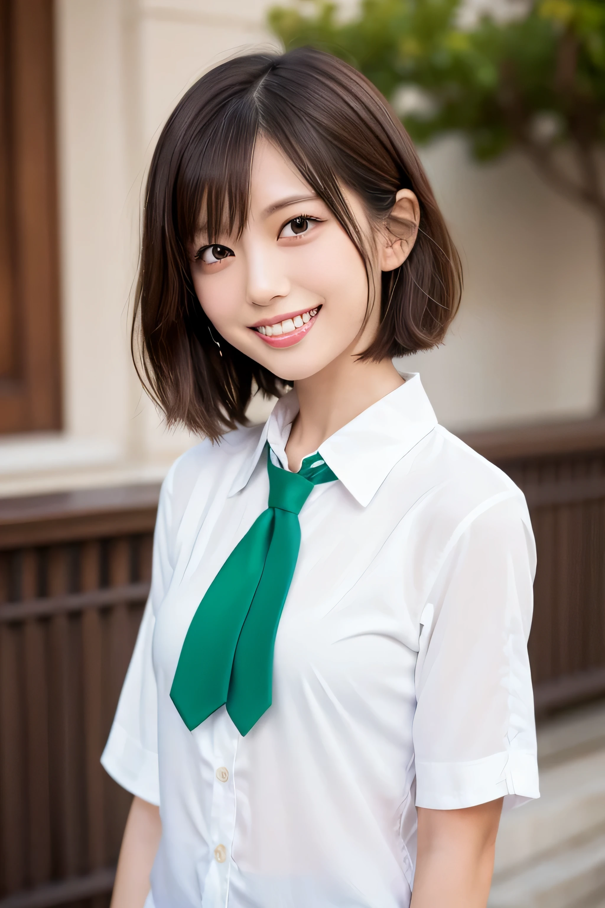 masterpiece, highest quality, best quality, 1girl, solo, looking at viewer, , tezuka rin, (armless amputee:1.2), brown hair, collar, collared shirt, (double amputee:1.2), green eyes, katawa shoujo, red necktie, shirt, short hair, solo, white shirt, lozhkin, grin, accurate teeth with gaps