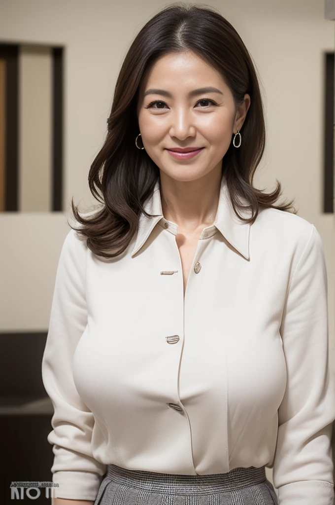 best quality, High resolution, Hires, skin definition, detailed skin, detailed eyes, detailed face, 4K, 日本人mature woman, ((solo)), (((50 years old))), (wrinkles at the corners of the eyes:1.4), (nasolabial folds:1.4), mature woman, sex appeal, sexy, fair skin, ((wavy long hair)), Looking at viewer,(((my skin is old))), ((muscles are old)), (((very large breasts:1.28))), ((loose breasts)), (flaccid butt), ((japanese model)), 4K, (photoReality:1.5), Reality, ticker, Beautiful, Bimbo, Perfect makeup, eye make up:1.9, small diamond necklace, earrings, {((Brown duffel coat)), (((white undershirt))), (Argyle pattern pleated skirt), (black long boots )}, smile, Public place,full body photo,