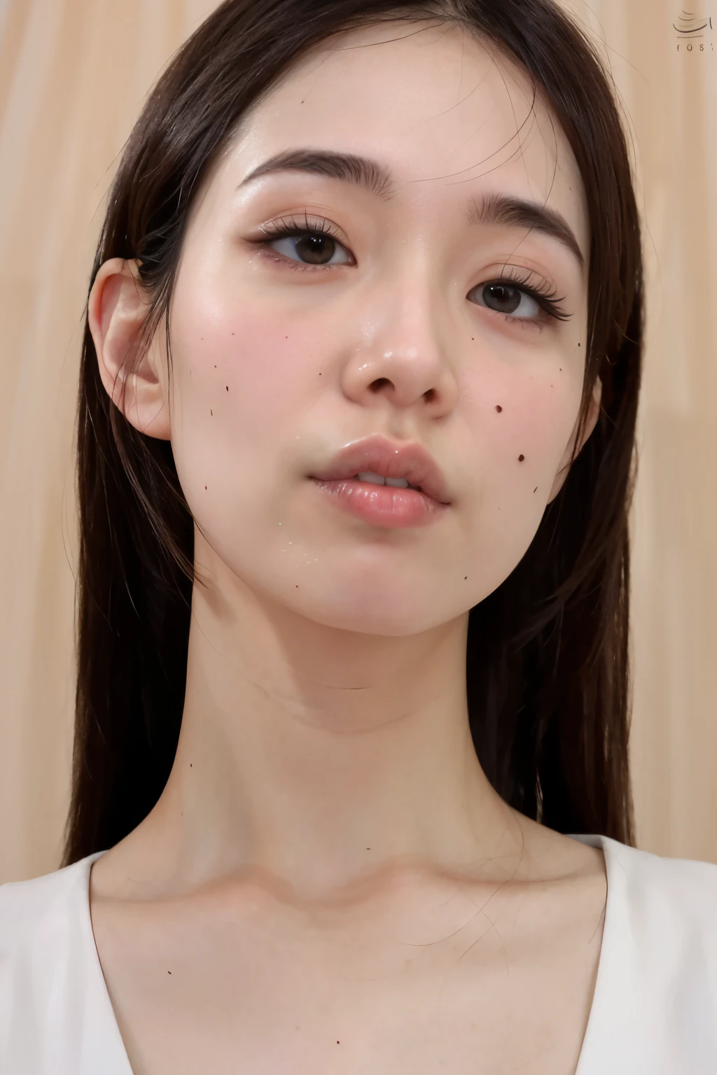 um close up de uma mulher com cabelos longos usando um top branco, maquiagem coreana popular, linda mulher sul-coreana, young lovely korean face, maquiagem sul-coreana popular, jaeyeon nam, Korean facial features, beautiful aesthetic face, korean symmetrical face, lindo rosto delicado, linda jovem coreana, lindo rosto delicado, adorable and pale korean face, linda jovem coreana