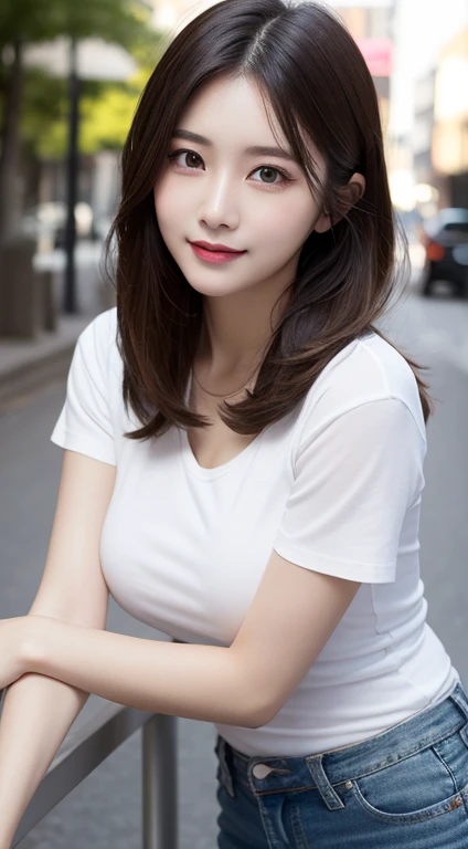 realistic, high resolution, 8K wallpapers, Complete dynamic configuration, beautiful detailed eyes, normal sized eyes, long straight hair, gray hair, big bust, Random and ordinary and sexy poses, random case, white skinny t-shirt, skinny jeans, breast swelling, smile, 25 years old, Korean woman, (drooping eyes 1.2), very beauty, natural makeup, full body photo, beautiful body, luxury shoes, pure impression, 