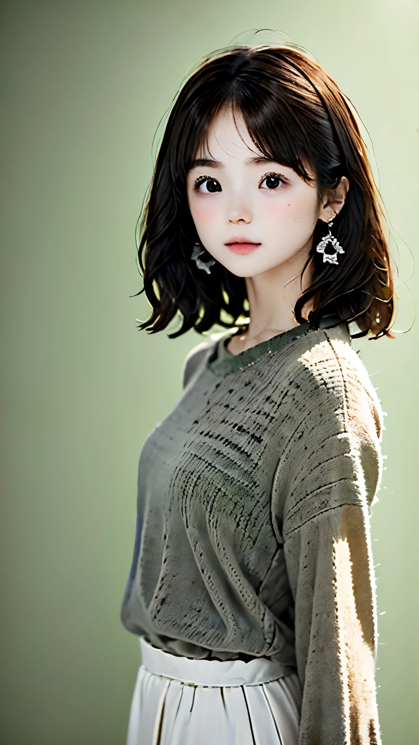 Portrait、master piece:1.3、one girl、Upper body、upper body、baby face、natural look、Very cute、brown hair、short bob、small red earrings、plump lips、no makeup、green clotheocus on face、highest quality、high resolution、Super detailed、High quality、Detailed details、８ｋ、(((blurry background、gray wall、gray background、White world、photography studio:1.5、cinematic lighting、professional photographer)))