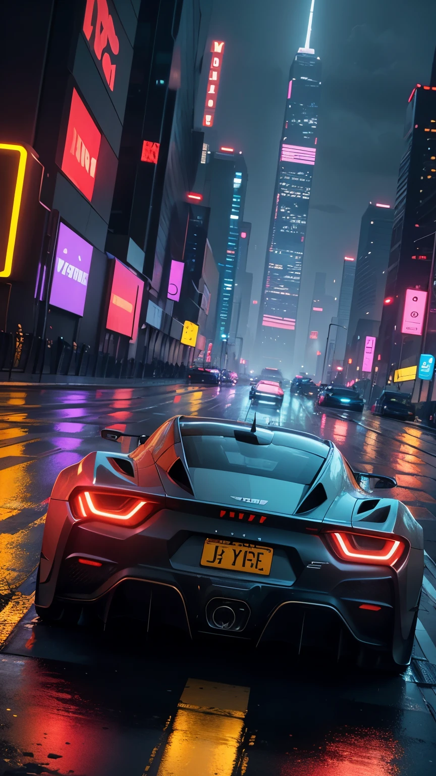 Sport car, corner view, wet road, tail lights, details, futuristic world, skyscraper, tall building, neon light, cyberpunk, city, neon city, night time, after rain, high details, 8k quality, masterpiece, ground view
