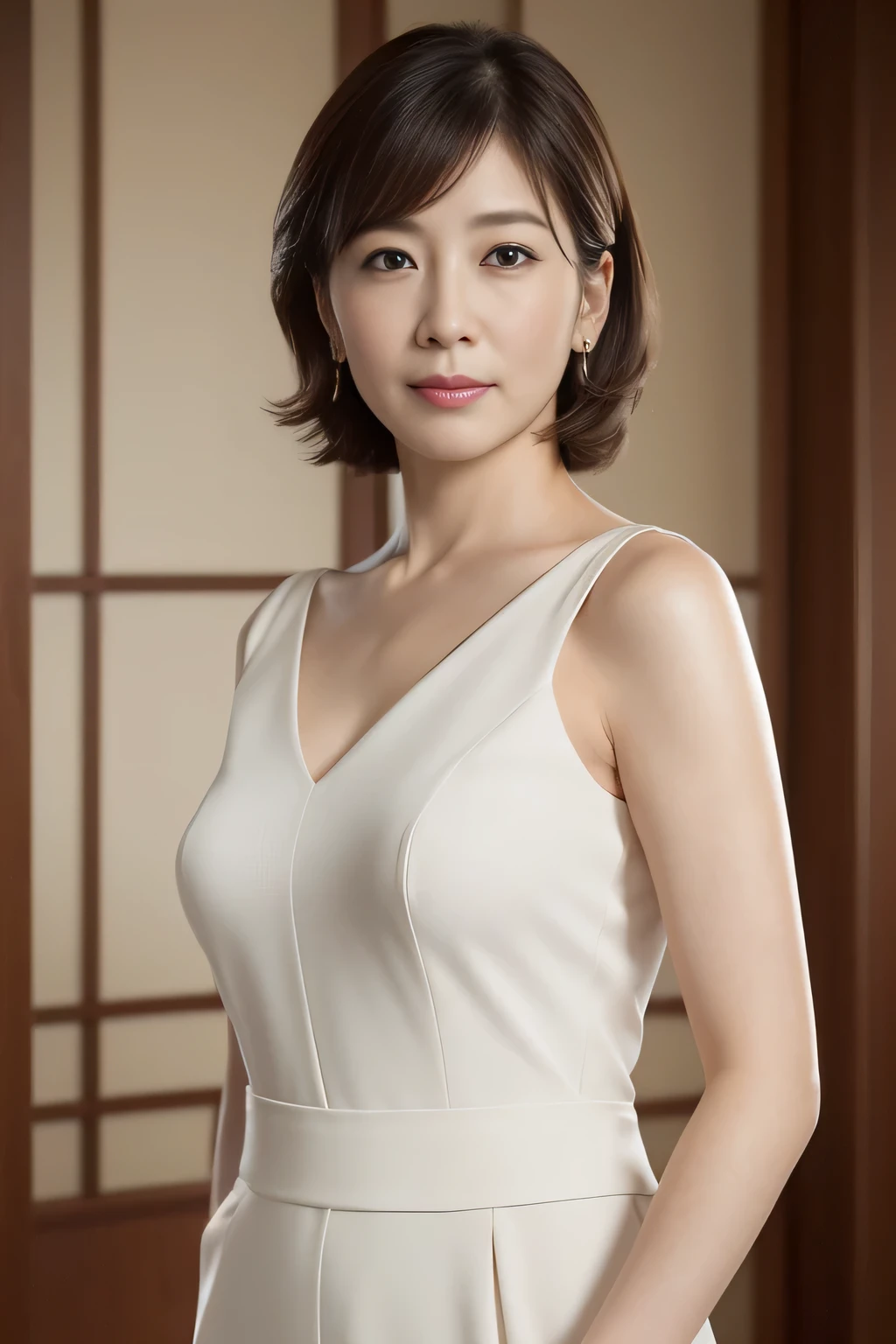 master piece、highest quality、master piece、High resolution、Photoreal、Raw photo、8k wallpaper、perfection、professional lighting、very detailed、Depth of the bounds written、bland background、((Japanese mature woman in her 30s))、chubby figure、women sexy、detailed face、beautiful eyes、bangs、big and full breasts、Straight light brown hair that reaches to the shoulders、faint lips、((stand facing the center of the screen、look at the viewer、serious face))、business wear、legs protrude from the frame、stare at the viewer、cowboy shot