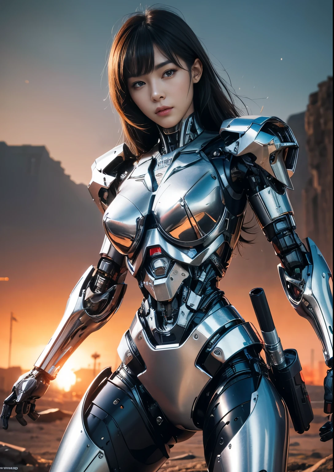 Textured skin, Super Detail, high details, High quality, Best Quality, hight resolution, 1080p, hard disk, Beautiful,(Terminator),beautiful cyborg woman,Mecha Cyborg Girl,Battle Mode,Girl with a Mecha Body,She wears a battle cyborg mech with a weapon,Fulll body Shot