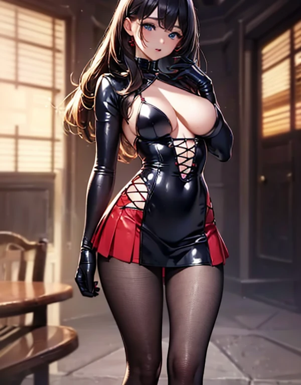 ((Raw photo、highest quality、High resolution、Ray tracing、nffsw、highest quality、precision processing、Portrait,3D,pureerosface_v1:0.7、)、(( shiny red leather bondage、dark red BDSM、Bold、long tight skirt、1Girl of Man,)))((((Wave Hair、cleavage emphasis、big breasts:4.0、thin legs、blue eyes、Detailed depiction of limbs、small nose、perfect body、No sleeve、full body figure、high heels、18-year-old,))))、church、