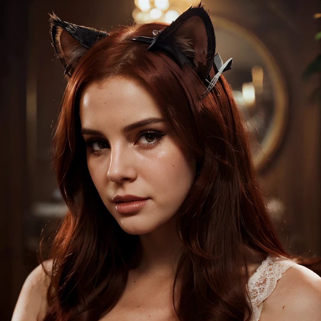 highly detailed, seductive erotic Lana Del Rey with lace cat ears, crying, (busty, red hair), centered on the face, face focused, intricate eyes,