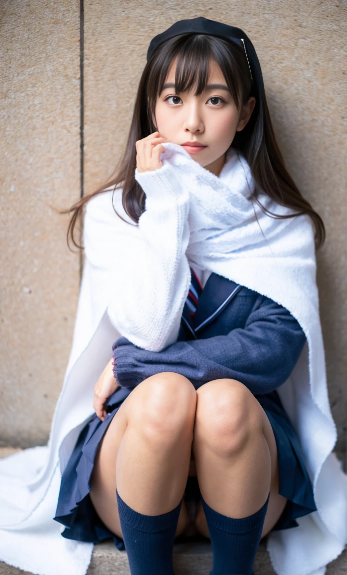 Ulzan-6500-v1.1, (raw photos:1.2), (photorealistic:1.4), beautiful detailed girl, very detailedな目と顔, beautiful detailed eyes, Looks ridiculous, unbelievable Looks ridiculous, huge file size, Super detailed, High resolution, very detailed, highest quality, masterpiece, Kemonomimi, ((Bury your face in a white scarf)), (((Japanese high school girl uniform))), An illustration, very detailed, ticker, Unite, 8k wallpaper, amazing, fine details, masterpiece, highest quality, Hvery detailed ticker uniform 8K wallpaper, face light、movie lighting、1 girl、、(no panties)、((dynamic pose)))、(camel toe)、(half)、(Crooked knees and legs sitting))