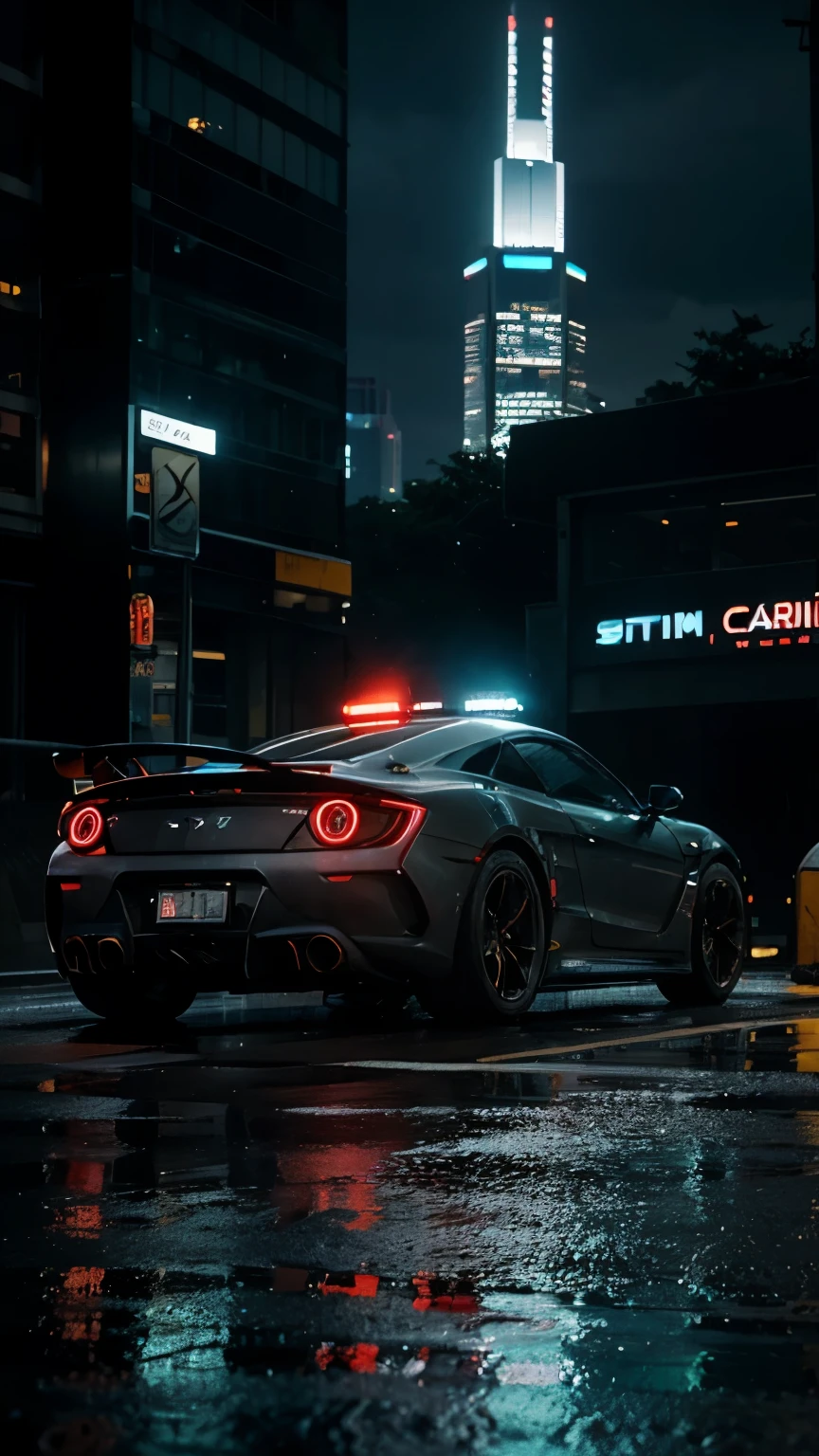 Sport car, corner view, wet road, tail lights, details, futuristic world, skyscraper, tall building, neon light, cyberpunk, city, neon city, night time, after rain, high details, 8k quality, masterpiece, ground view