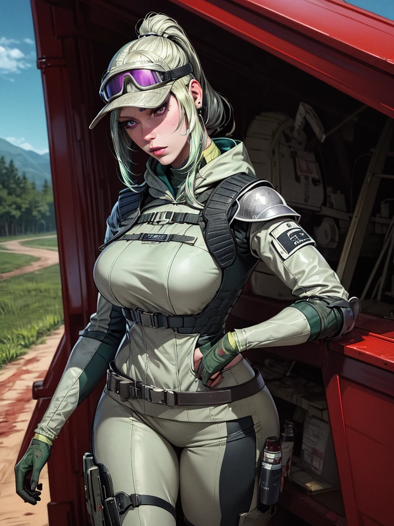 ela_(rainbow_six_siege),Solo best quality, masterpiece, extremely detailed CG, extremely detailed 8K wallpaper, beside a carriage, broken carriage, bodies of dead guards around girl, light, extremely detailed character ultra-detailed, detailed face, beautiful, solo girl, perfect face, sharp focus, intricate details, ultra detailed body, ultra detail hair, ultra detail face, very pale, knight, blonde hair in a ponytail, teal eyes, wearing metal armour of a knight, blood on Armor, knight, wearing a red mantle, knight girl, large breasts, metal gauntlets, metal boots, on a dirt road, green field, carriage, fantasy, holy knight, long hair, smoky eye liner, stern face, silver and white clothing