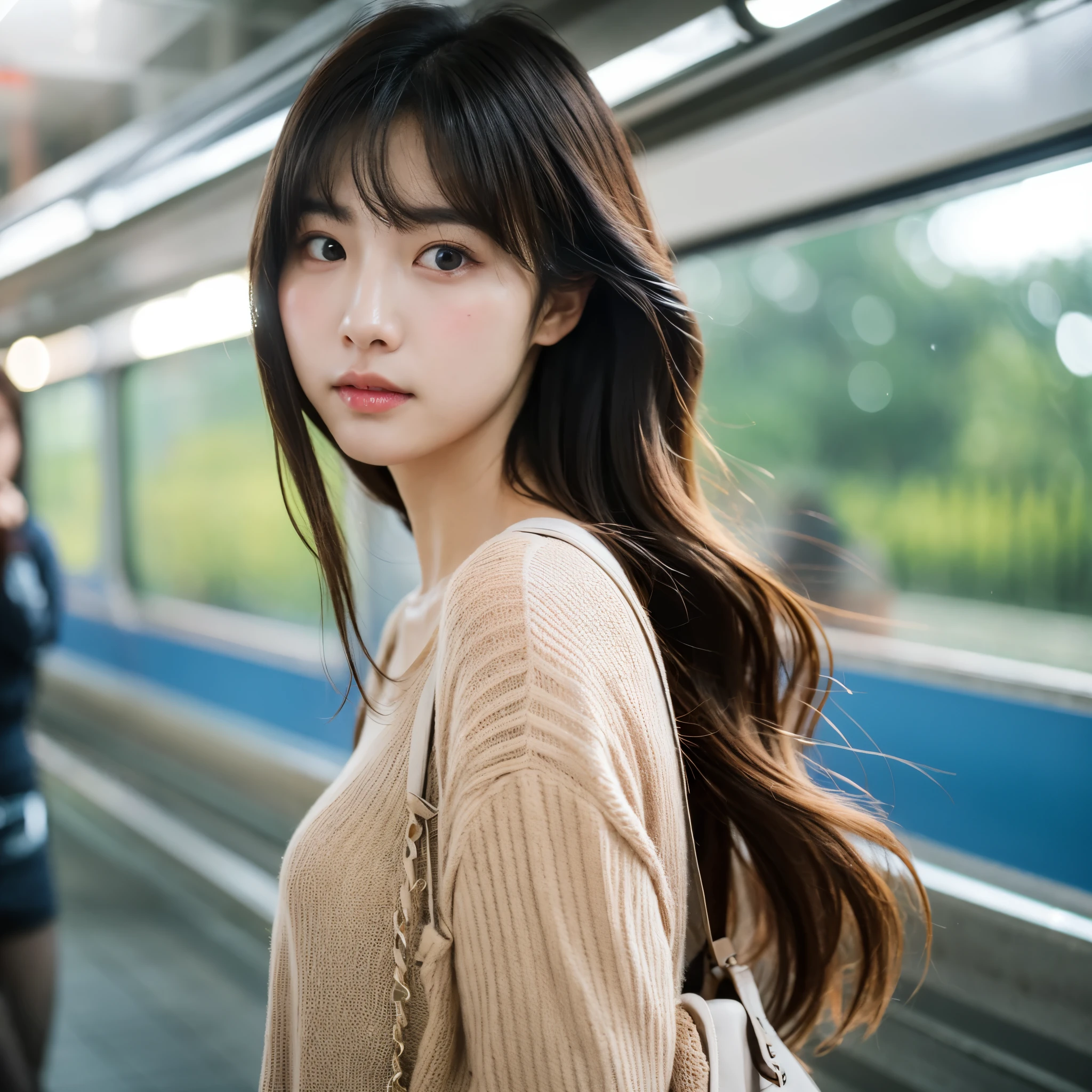 Cinematic Photo of a beautiful korean fashion model bokeh train
