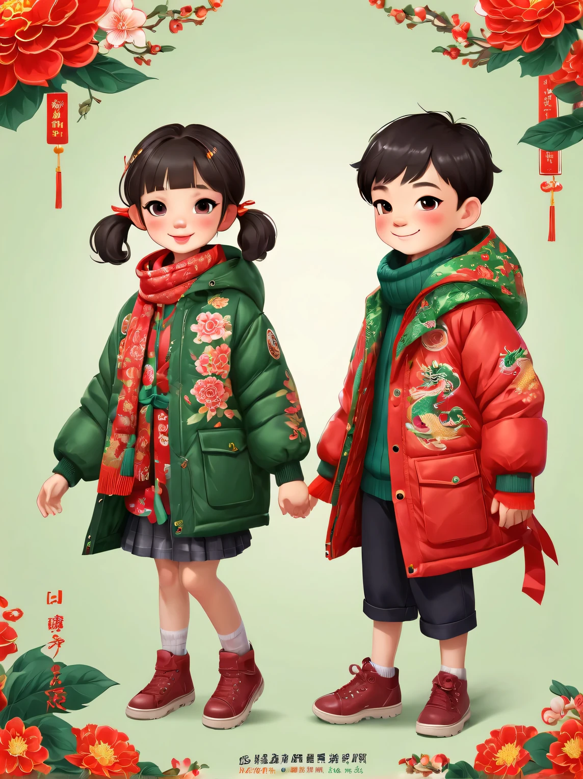 floral cloth poster design，2024 New Year greetings poster design，（Close-up of cute human zodiac dragon and Chinese ********** and girl wearing human northeast red and green cotton-padded jackets）,Northeastern large-flowered cotton-padded jacket inspired by 2023 Chinese college student fashion apparel，scarf around neck, do the same bowing motion, Chinese red and green floral cloth，，country style，, very festive, Chinese elements, New year, wool knit style, super fun, illustration, cartoon, 32k, illustration, Pixar style