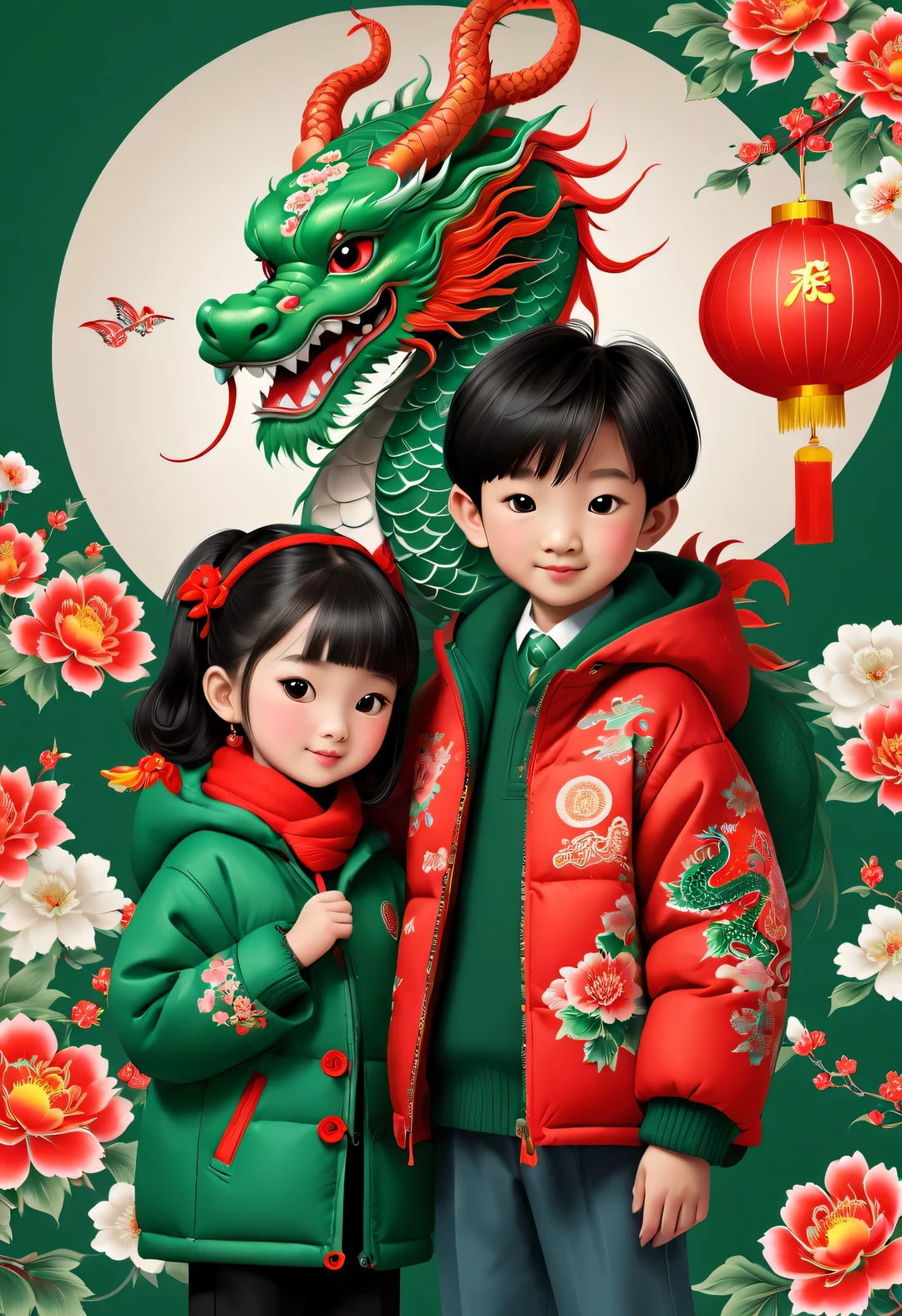 floral cloth poster design，2024 poster design，The cute and human zodiac dragon and Chinese **********s and girls wear human northeast red and green cotton-padded clothes,Northeastern large-flowered cotton-padded jacket inspired by 2023 Chinese college student fashion apparel，scarf around neck, do the same bowing motion, Chinese red and green floral cloth，，country style，, very festive, Chinese elements, New year, wool knit style, super fun, illustration, cartoon, 32k, illustration, Pixar style