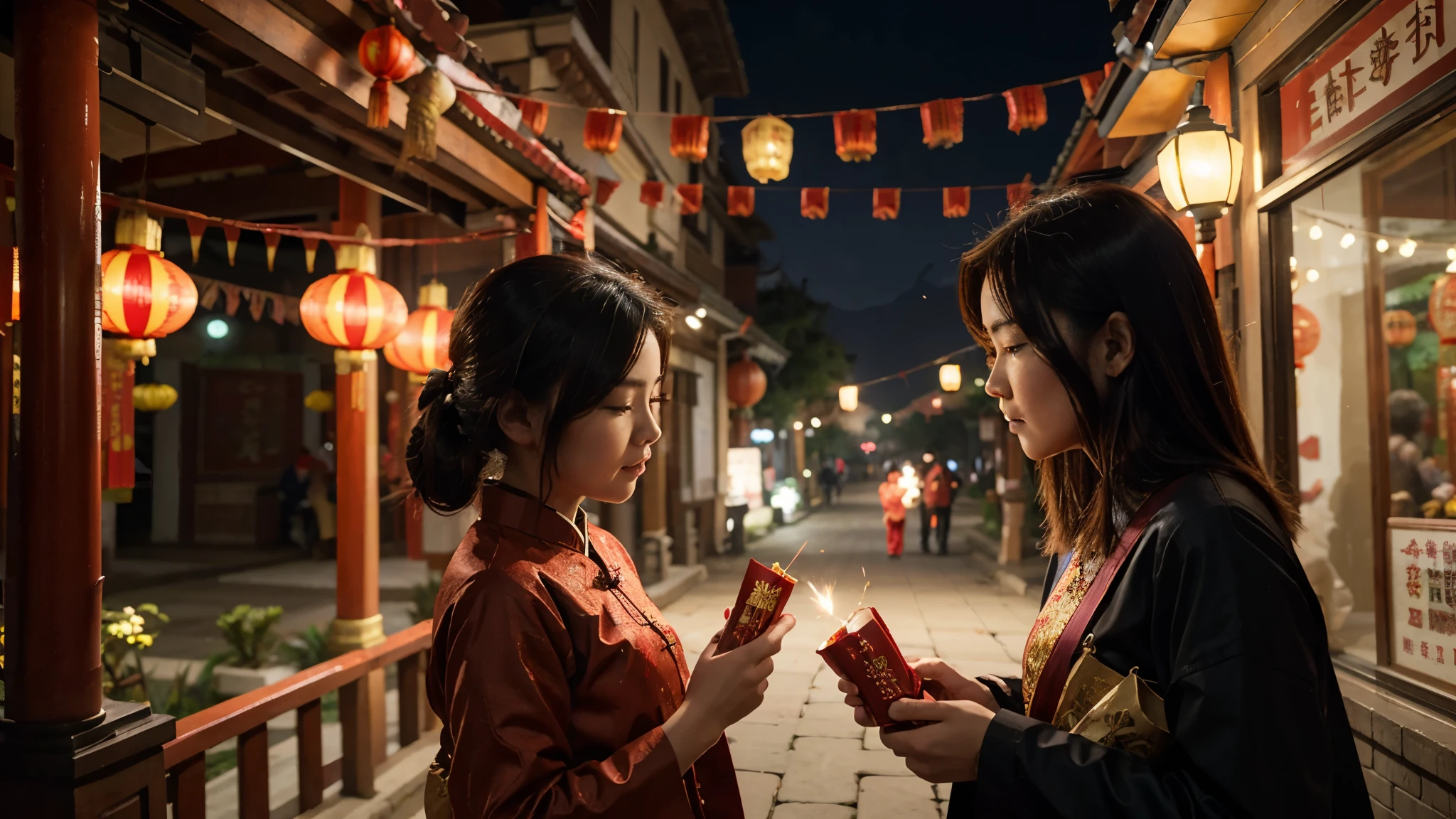 Chinese new year scene,Firecrackers,Spring couplets, lantern