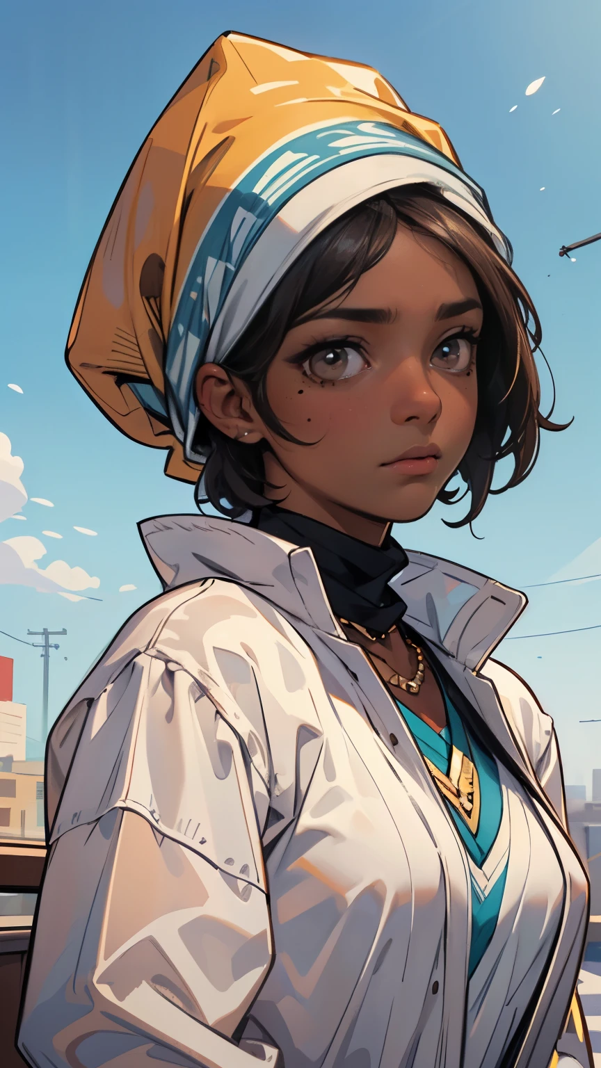 cleavage, 1 girl, (dark brown skin tone:1.4), very short hair, black eyes colour, mole down the right eye, Muslim clothes, hijab, Cold expression, depressed, dominant aura, (high quality, masterpiece, extremely detailed:1.2), (Realistic, photorealistic:1.2)