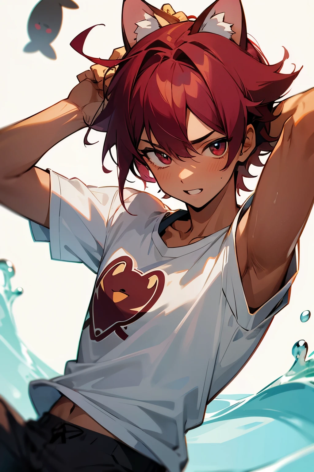 pretty and playful boy with maroon hair, tanned skin, and round otter ears wearing a shirt