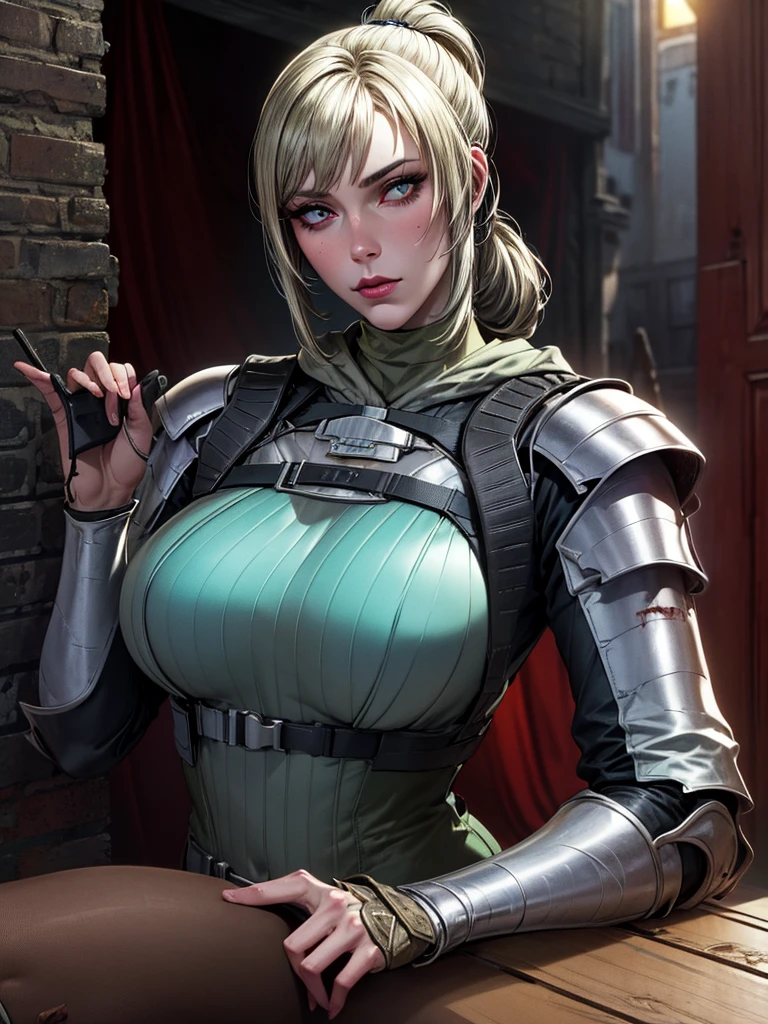 ela_(rainbow_six_siege),Solo best quality, masterpiece, extremely detailed CG, extremely detailed 8K wallpaper, beside a carriage, broken carriage, bodies of dead guards around girl, light, extremely detailed character ultra-detailed, detailed face, beautiful, solo girl, perfect face, sharp focus, intricate details, ultra detailed body, ultra detail hair, ultra detail face, very pale, knight, blonde hair in a ponytail, teal eyes, wearing metal armour of a knight, blood on Armor, knight, wearing a red mantle, knight girl, large breasts, metal gauntlets, metal boots, on a dirt road, green field, carriage, fantasy, holy knight, long hair, smoky eye liner, stern face, silver and white clothing