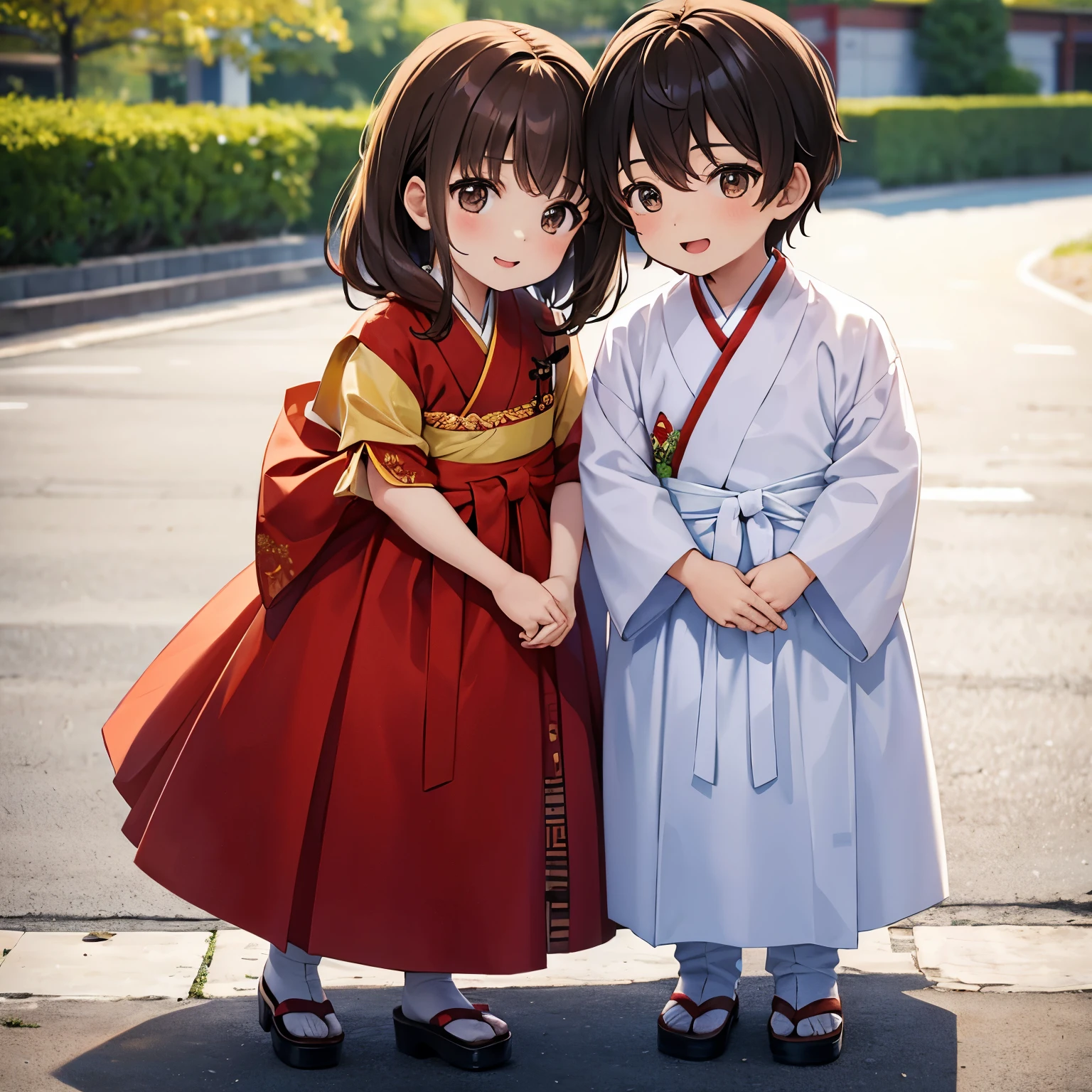 couple, Kid 1.3, happy, brown hair, dating, whole body, korean hanbok