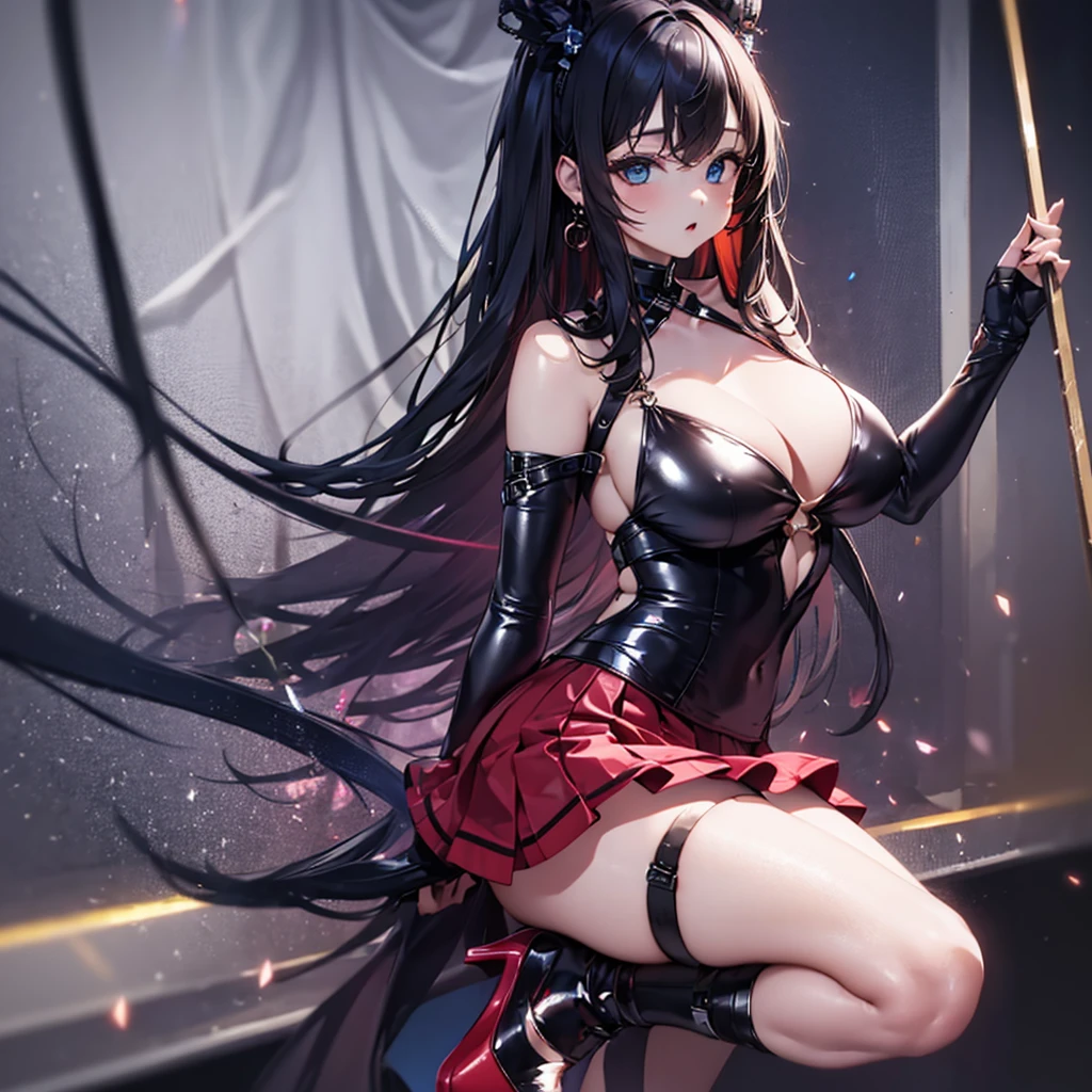 ((Raw photo、highest quality、High resolution、Ray tracing、nffsw、highest quality、precision processing、Portrait,3D,pureerosface_v1:0.7、)、(( shiny red leather bondage、dark red BDSM、Bold、long tight skirt、1Girl of Man,)))((((Wave Hair、cleavage emphasis、big breasts:4.0、thin legs、blue eyes、Detailed depiction of limbs、small nose、perfect body、No sleeve、full body figure、high heels、18-year-old,))))、church、