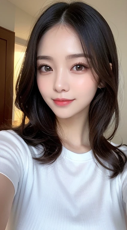 realistic, high resolution, 8k wallpapers, Complete dynamic configuration, beautiful detailed eyes, normal sized eyes, long straight hair, gray colored hair, vibrant lips, big bust, Random and plain generic poses, random case, white skinny t-shirt, skinny jeans, breast swelling, smile, 25 years old, Korean woman, (drooping eyes 1.2), The ends of the eyebrows droop slightly, very beautiful appearance, natural makeup, full body photo, beautiful body, luxury shoes, Selfie
