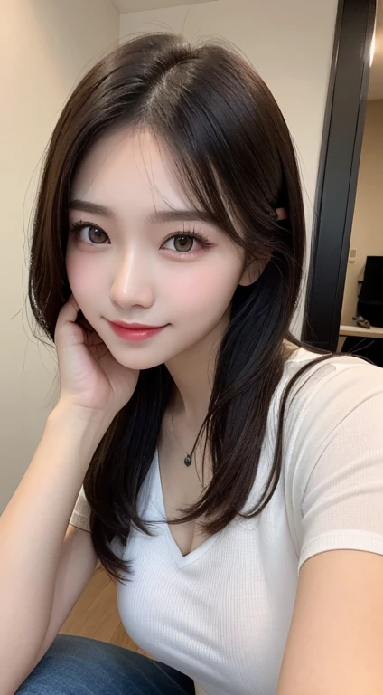 realistic, high resolution, 8k wallpapers, Complete dynamic configuration, beautiful detailed eyes, normal sized eyes, long straight hair, gray colored hair, vibrant lips, big bust, Random and plain generic poses, random case, white skinny t-shirt, skinny jeans, breast swelling, smile, 25 years old, Korean woman, (drooping eyes 1.2), The ends of the eyebrows droop slightly, very beautiful appearance, natural makeup, full body photo, beautiful body, luxury shoes, Selfie
