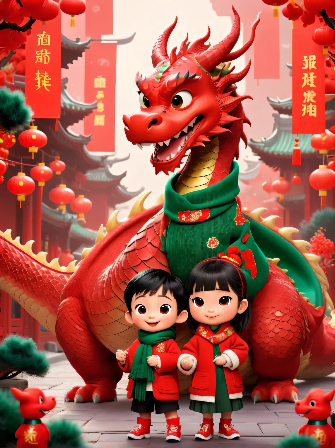 Cute and humane big red dragon and Chinese ********** and girl, Pixar style, Both of them wore red and green Northeastern coats., Inspired by the buzzwords of 2023，A large red woolen scarf around the neck, Make the same congratulatory gesture, big red background, very festive, Chinese elements, New year, wool knit style, super fun, illustration, cartoon, 32k,  cutting,