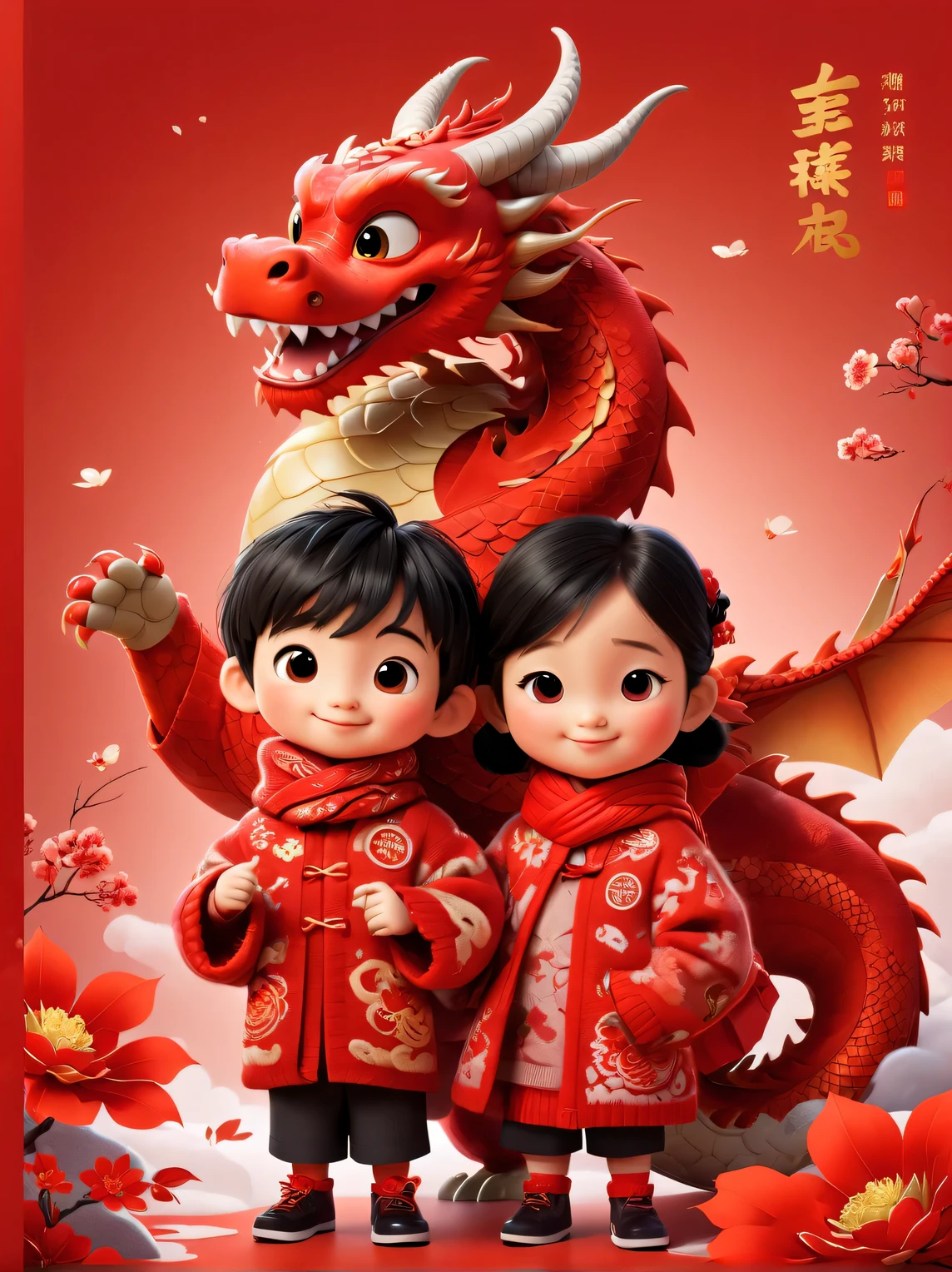 Cute and humane big red dragon and Chinese ********** and girl, Pixar style, Both of them were wearing Northeastern flower jackets.., Inspired by the buzzwords of 2023，A large red woolen scarf around the neck, Make the same congratulatory gesture, big red background, very festive, Chinese elements, New year, wool knit style, super fun, illustration, cartoon, 32k,  cutting,