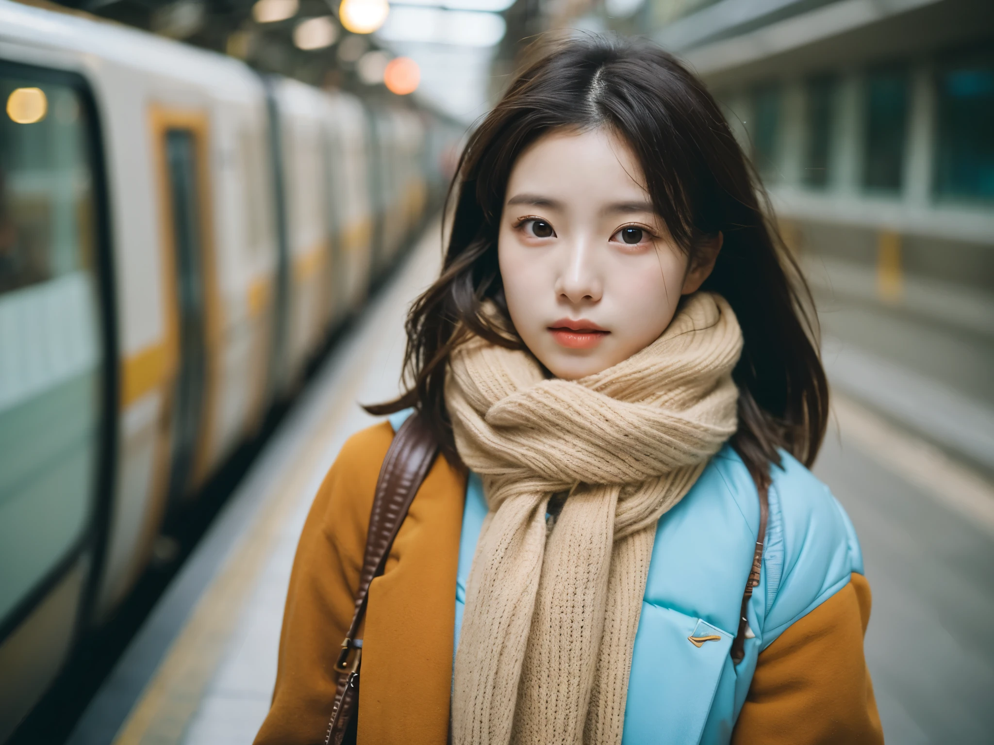 Cinematic Photo of a beautiful korean fashion model bokeh train