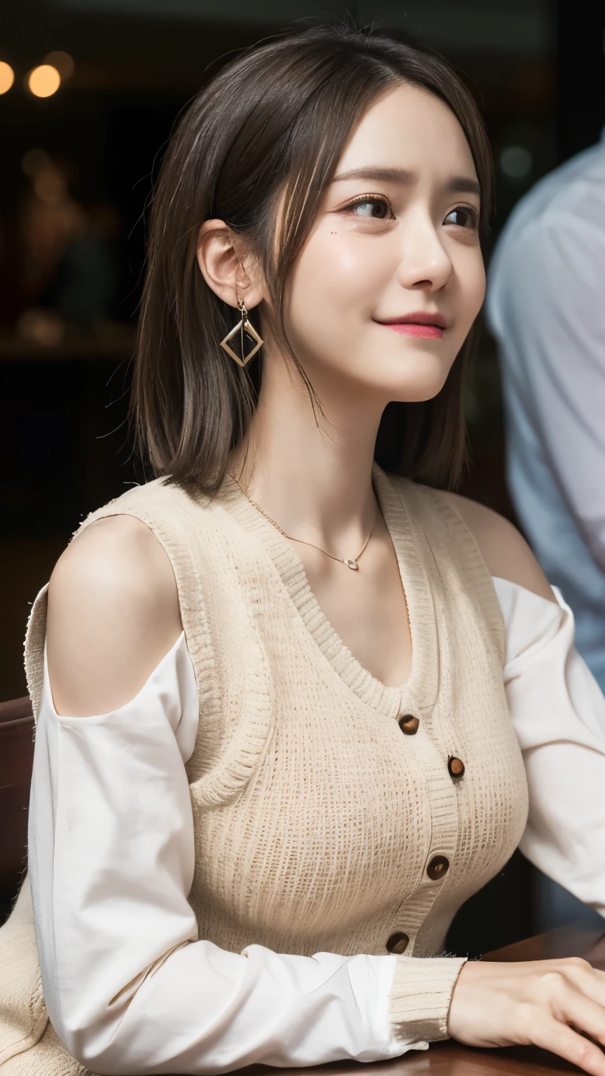 on the table, best quality, Realism, fine details, high resolution, 8k wallpaper, Perfect dynamic composition, sharp focus, surreal, beauty细致的眼睛, medium hair, plump, casual posture, close together, (Beige tight-fitting O-neck knitted vest, Big crack:1.4, The eastern protrusion of the high fork:1.2,(emphasize, The shape of the vest can be clearly seen:1.3)), a smile, open mouth, resort scenery, 25 years old, (tearful eyes:1.4), beauty, , necklace, big earrings, Shot from the front
