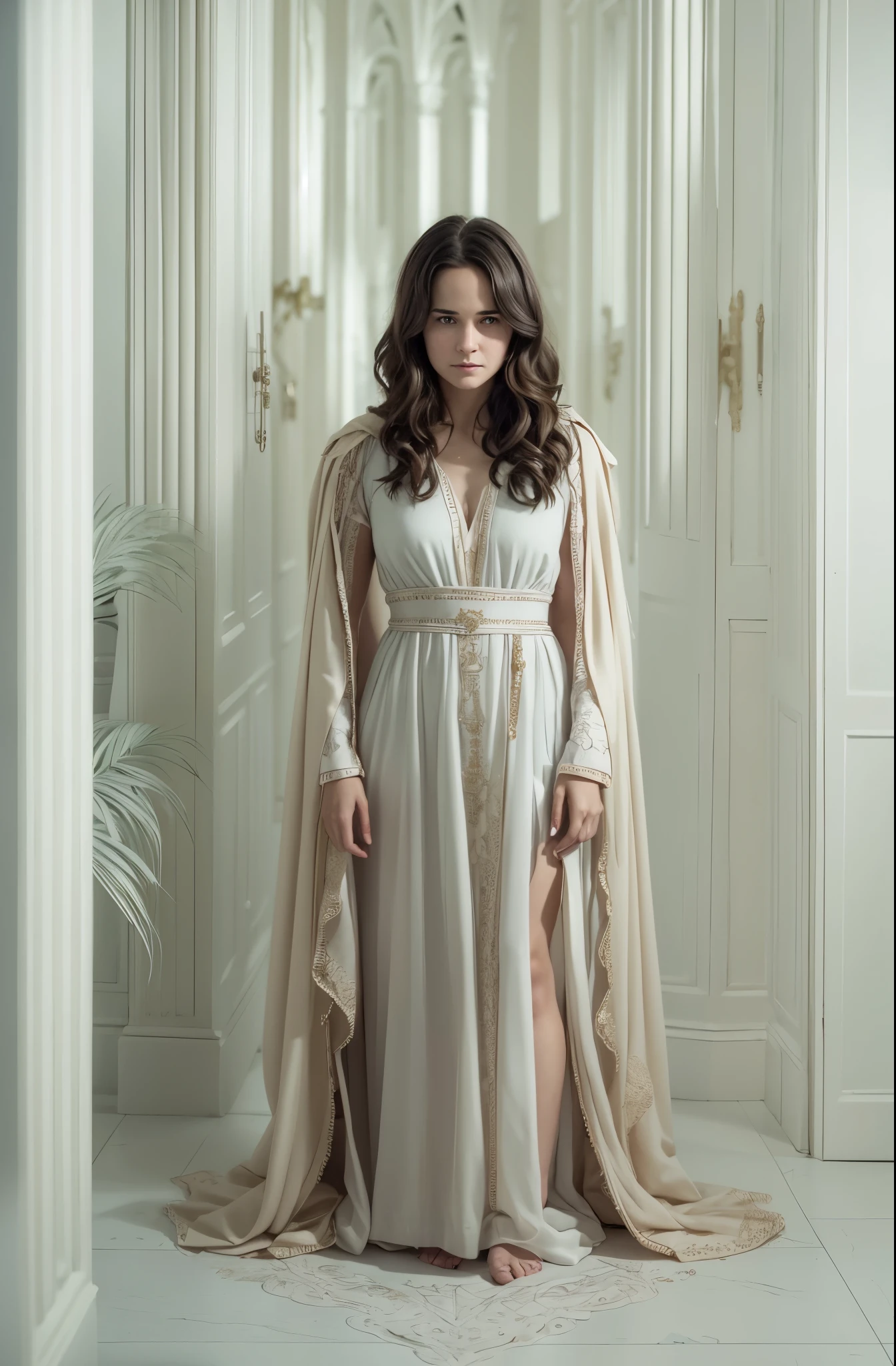 front Photo,Witches in magical movies,head down,firm expression,Katherine Waterston, 40(Katherine Waterston)witch as tina goldstein,Wearing wizard robes,standing in front of a white wall,sense of belief
