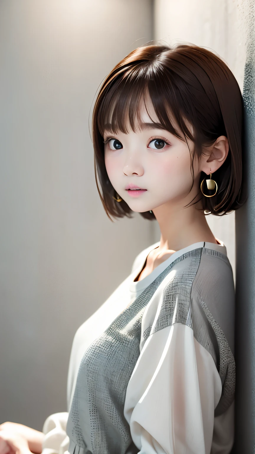 Portrait、master piece:1.3、one girl、Upper body、upper body、、natural look、Very cute、brown hair、detailed eyeeautiful double、short bangs、short bob、small red earrings、plump lips、no makeup、green clotheocus on face、highest quality、high resolution、Super detailed、High quality、Detailed details、８ｋ、(((blurry background、gray wall、gray background、White world、photography studio:1.5、cinematic lighting、professional photographer)))