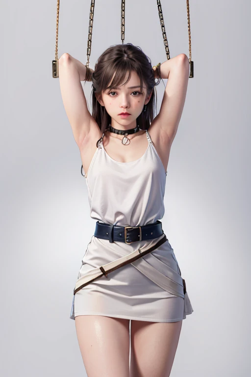 ((masterpiece)), ((best quality)), (ultra-detailed), NSFW, ((torture chamber)),a cute girl, 1girl, solo, (white mini tanktop dress),(chain bound arms), (both hands are bound and is hung from the ceiling),bdsm,shibari,restrained,((thin waist)),(((single belt bound waist))),beautiful brown hair, beautiful blue eyes, (beautiful eyes), long hair,troubled expression