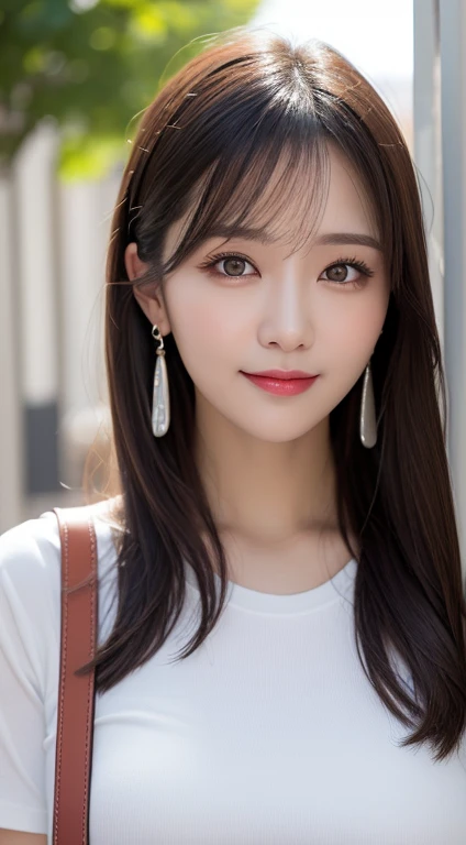 realistic, high resolution, 8K wallpapers, Complete dynamic configuration, beautiful detailed eyes, normal sized eyes, long straight hair, gray colored hair, vibrant lips, big bust, Random and plain generic poses, random case, white skinny t-shirt, skinny jeans, breast swelling, smile, 35 years old, Korean woman, (drooping eyes 1.2), The ends of the eyebrows droop slightly, very beautiful appearance, natural makeup, A photo showing the entire body, beautiful body, luxury shoes, luxury earrings, luxury bag, photo taken with friends
