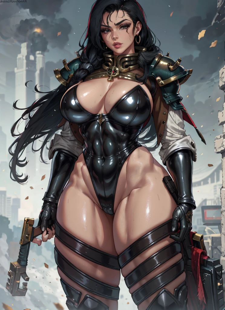 1girl, gorgeous, muscular, thick thighs, mature female, abs, wide hips, (masterpiece, high quality:1.1) ,shiny skin, soft, smooth skin, breast indentation, tight suit, busty, curvy, fit, toned, camel toe, lipstick, thick lips, make-up, highly detailed, kawaii, wet and shiny,warhammer 40k,sister of battle,