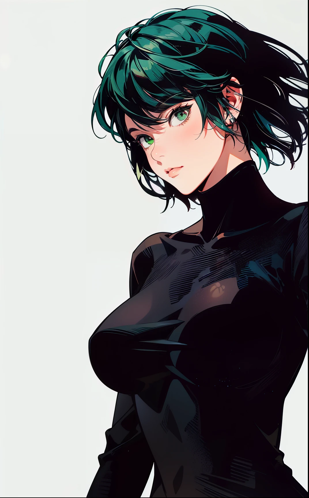 A close-up of a person wearing a black shirt and green hair, Tatsumaki from One Punch Man, Fubuki, Æon Flux style mix, by Kentaro Miura, the style a mix of Æon flux, Anime girl in a black dress, Art by Kentaro Miura, Portrait of a female anime heroine, Female anime character, Anime woman, fubuki, green hair, short hair